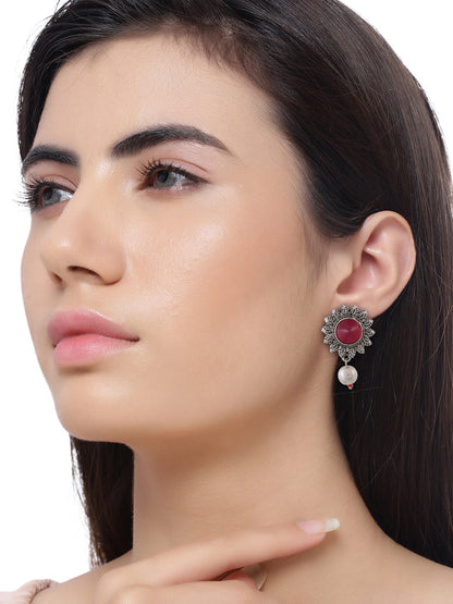 Red Oxidised Pearl Drop Earrings For Women