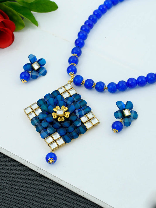 Blue Beads Pendant Set With Earrings