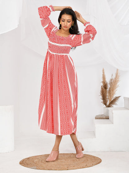 Geometric Print Elasticated Western Maxi Dress for Girls/Women
