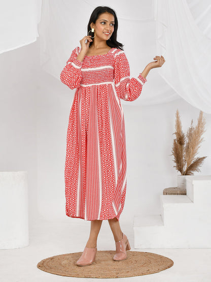 Geometric Print Elasticated Western Maxi Dress for Girls/Women
