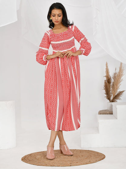 Geometric Print Elasticated Western Maxi Dress for Girls/Women