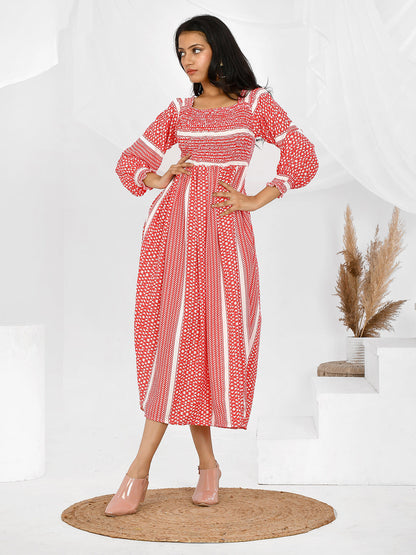 Geometric Print Elasticated Western Maxi Dress for Girls/Women