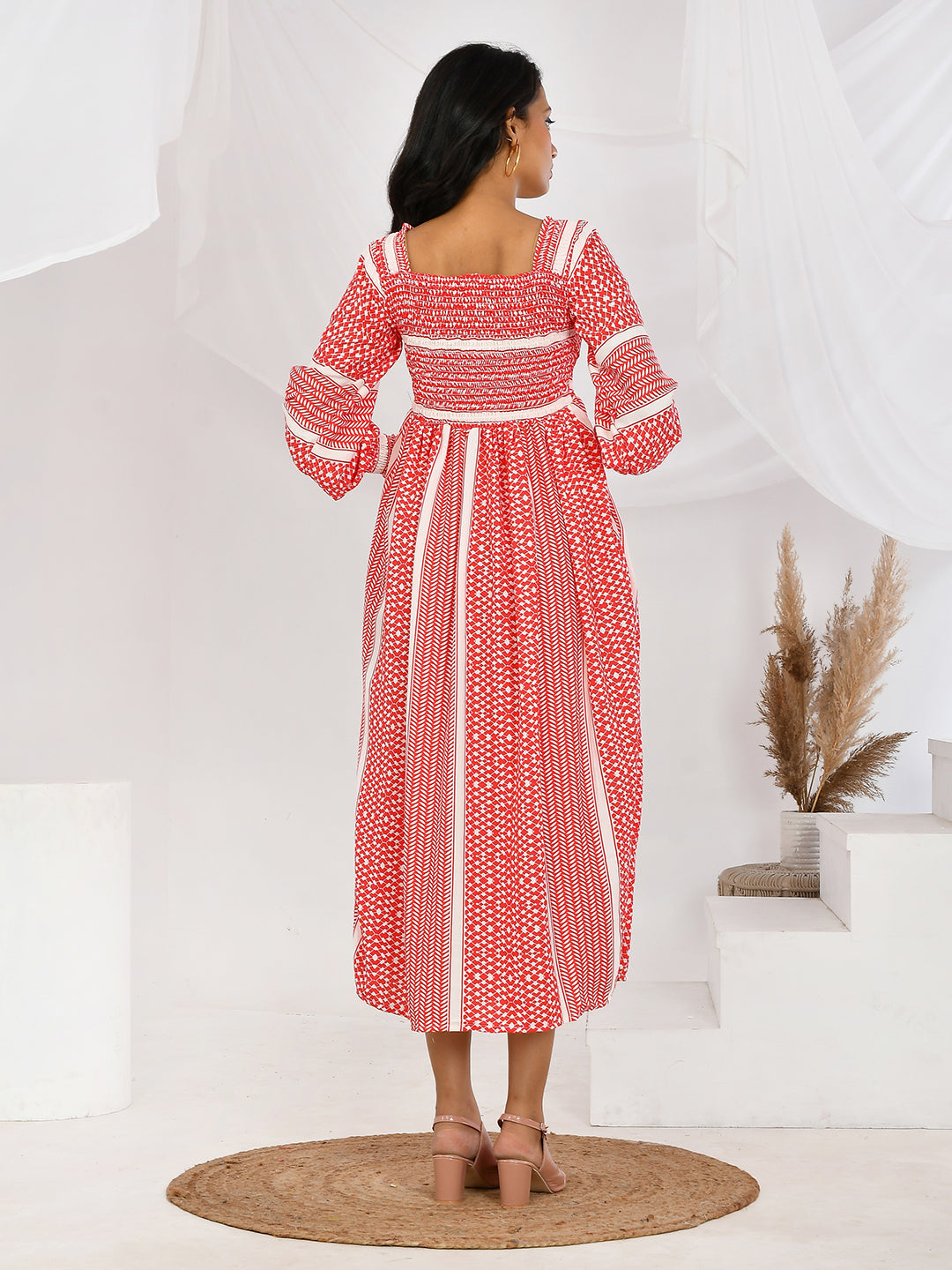 Geometric Print Elasticated Western Maxi Dress for Girls/Women
